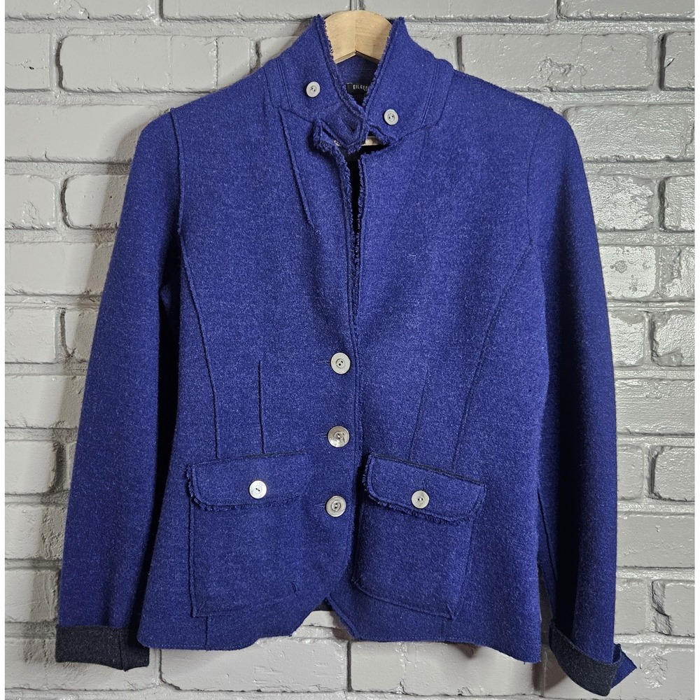 Eileen Fisher‎ Soft Fit Blazer Blue Felted Merino Wool Blend PS